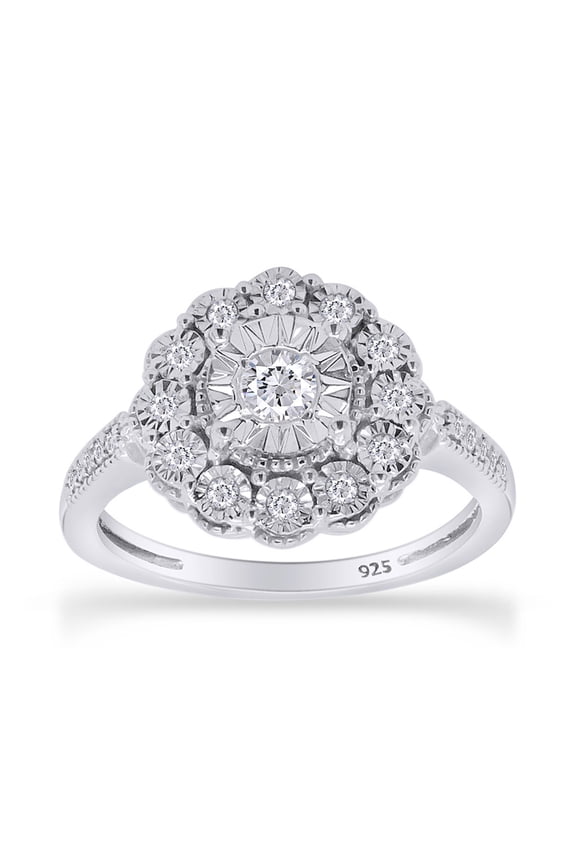 1/3 Carat Round Cut White Natural Diamond Miracle Flower Engagement Ring In 14k White Gold Plated 925 Sterling Silver For Jewelry Ring Size-4