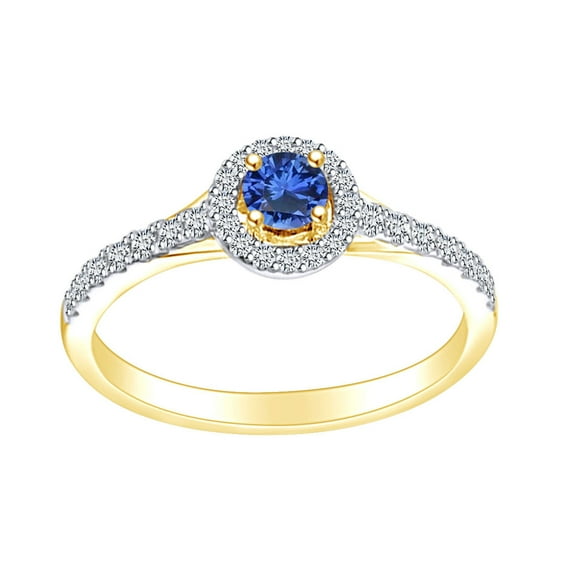AFFY 1/3 Carat Simulated Blue Sapphire & White Natural Diamond Cluster Engagement Ring 14k Solid Yellow Gold(0.33Ctw) Ring Size-5.5