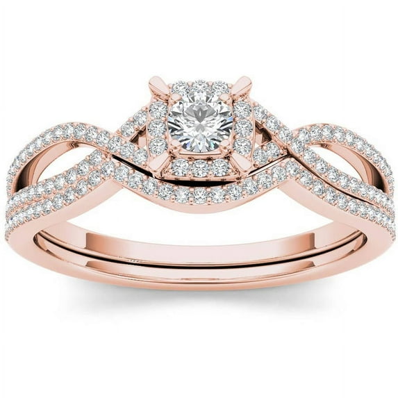 1/3 Carat T.W. Diamond Cluster Double Halo 14kt Rose Gold Engagement Ring Set