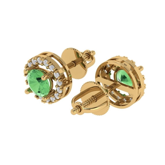 1.3 Ct Round Cut Halo Studs Green Crystal 18K Yellow Solid Gold Everyday Dainty Earrings Screw Back