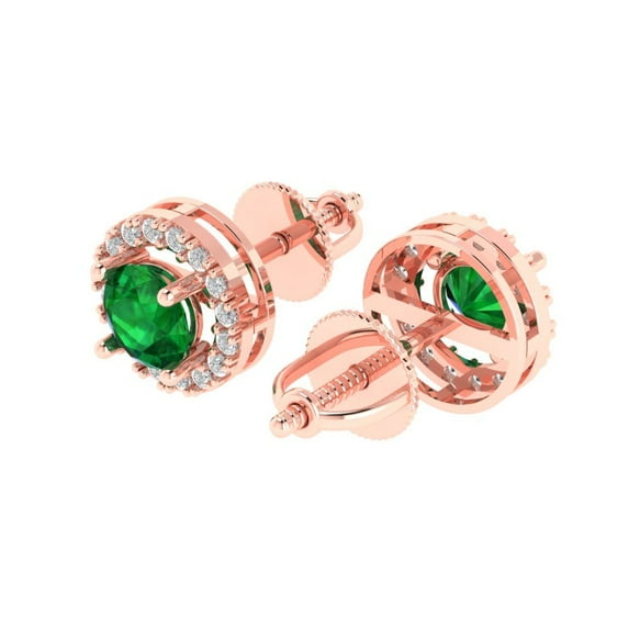 1.3 Ct Round Cut Halo Studs Green Emerald 18K Rose Solid Solid Gold Everyday Dainty Earrings Screw Back