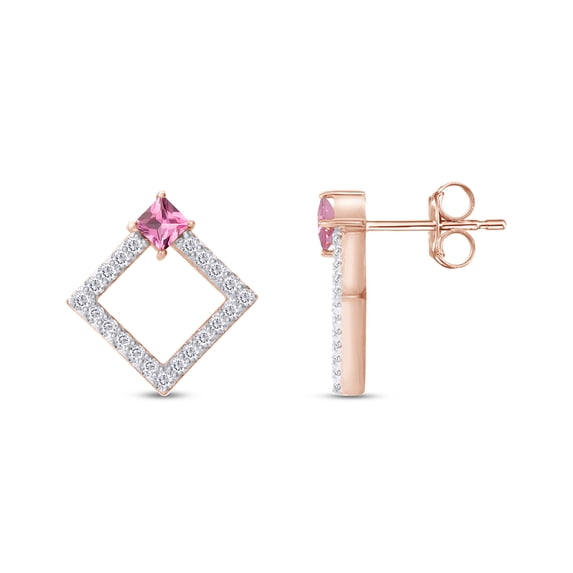 AFFY 1/3 Cttw Round Cut Natural White Diamond & Simulated Square Pink Tourmaline Geometric Stud Earrings In 14K Rose Gold Over Sterling Silver (0.33 Cttw, I-J Color)