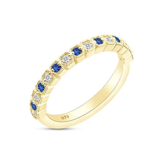 1/3 Cttw Round White Natural Diamond Half-Eternity Wedding Band with Blue Sapphire in 14K Yellow Gold Over Sterling Silver (0.31 Cttw) Ring Size-6