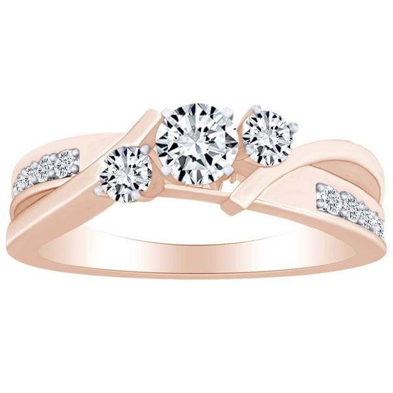 AFFY 1/3 Cttw Round White Natural Diamond Three Stone Bypass Engagement Ring In 14k Solid Rose Gold (0.33 Carat) Ring Size-6.5