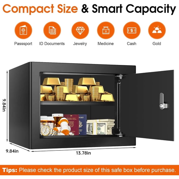 1.3 Cubic Feet Fireproof Safe Box with Key Lock, Hidden Steel Security Box with Removable Shelf for Cash, Jewelry, Passports and Medications, Personal Safes for Home/Office, 9.84"D x 13.78"W x 9.84"H