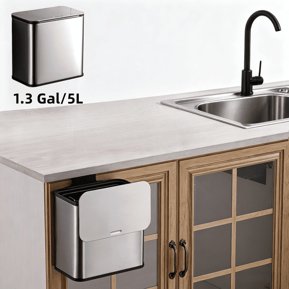 1.3 Gallon Under Sink Trash Can Kitchen, Countertop Compost Bin with Removable Inner Bucket for Bathroom, RV, Office, Silver