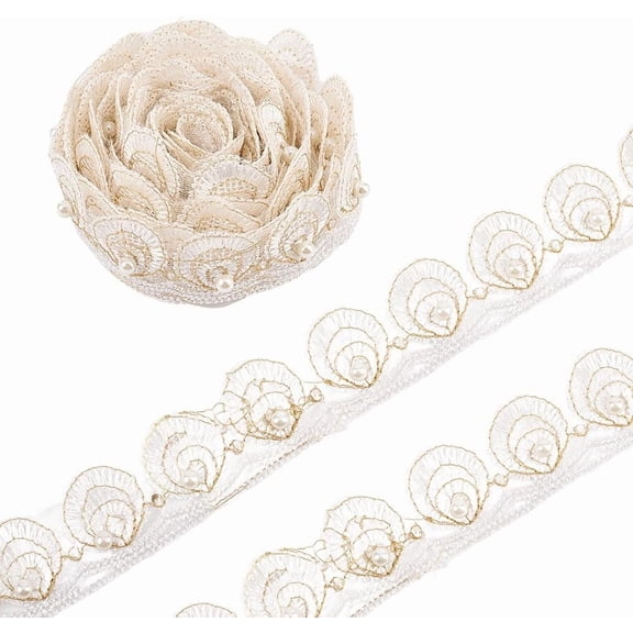 1.3 Inch Wide Pearl Lace Trim Embroidered Scalloped Lace Ribbon 3 Yards Beaded Border Bridal Wedding Decoration Fabric Laces