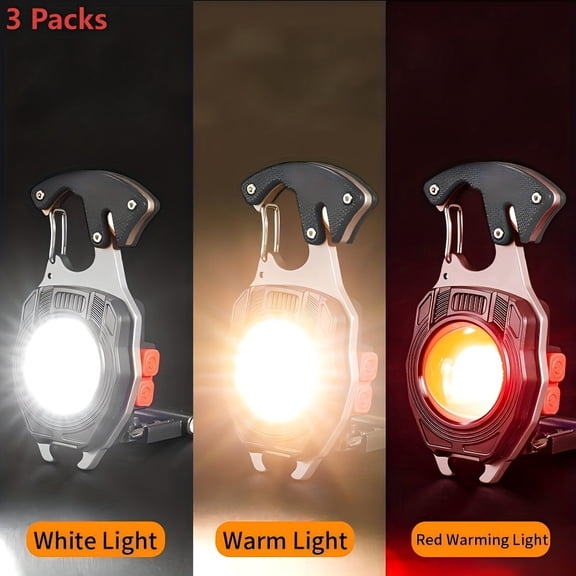 1/3 Packs Keychain Flashlight Multi Tool with Lighter - Rechargeable 500 Lumen COB LED Work Light, USB-C Charging 500m Range, Tactical EDC Gear for Camping Hiking