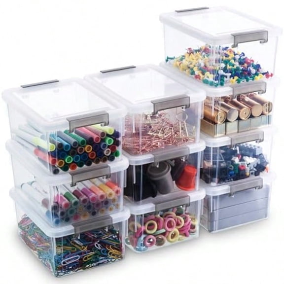 1.3 QT 10 Pack Small Storage Bins Plastic Storage Container Stackable Box with Lids for Organizing Clear White