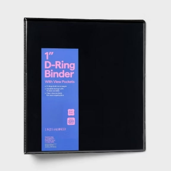 1" 3 Ring Binder Clear View Black - Standard D-Ring, 220 Sheet Capacity, 2 Internal Pockets, Polypropylene