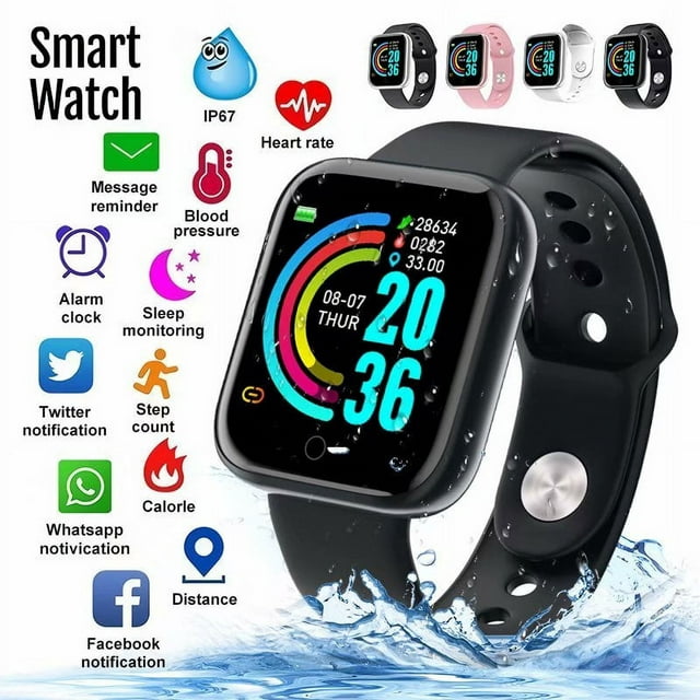 1.3" Smart Bluetooth Watch IP67 Waterproof Tracker Fitness Bracelet Colorful Screen Blood Pressure Monitor Wristband All Black