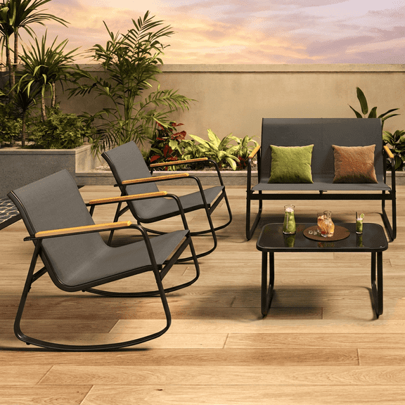 Aiho 4-Piece Textilene Outdoor Rocking Set w/ Tempered Glass Table - Patio, Garden, Balcony, Black