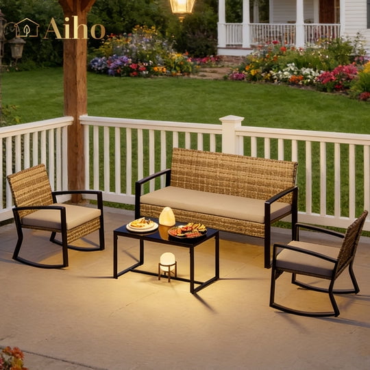 Aiho 4-Piece Outdoor Rocking Set with Coffee Table for Patio, Garden, Balcony - Light Gray