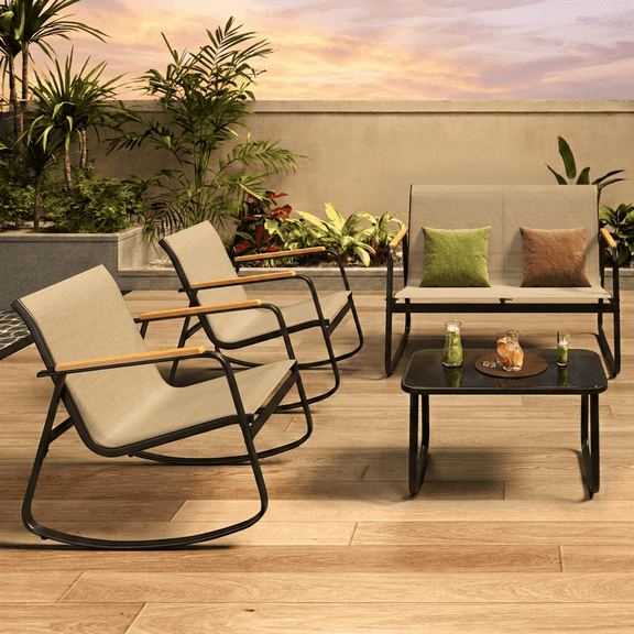 Aiho 4-Piece Textilene Outdoor Rocking Set w/ Tempered Glass Table - Patio, Garden, Balcony, Black