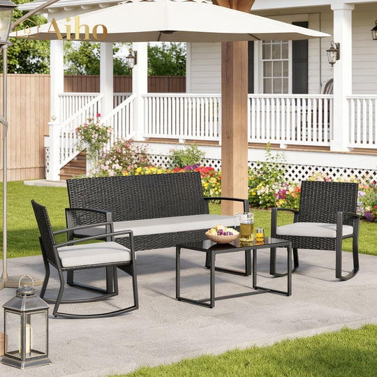 Aiho 4-Piece Outdoor Rocking Set with Coffee Table for Patio, Garden, Balcony - Gray