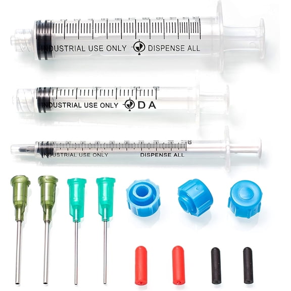 1-3 Universal Industrial Syringe Kit - 1/3/10, with 1-inch 14+18 gauge distribution tips, syringe caps and tip covers
