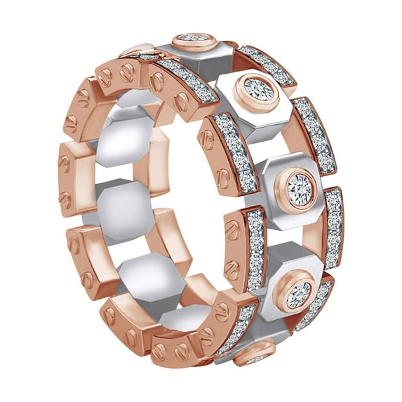 AFFY 1.30 Carat (Cttw) Round Shape White Natural Diamond Men's Two-Tone Weddind Band Ring In 14K Solid Rose Gold