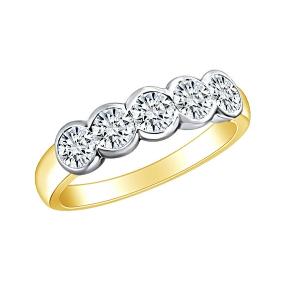 AFFY 1.30 Carat Round Shape White Natural Diamond Five Stone Eternity Wedding Band Ring In 14k Solid Yellow Gold Ring Size-6