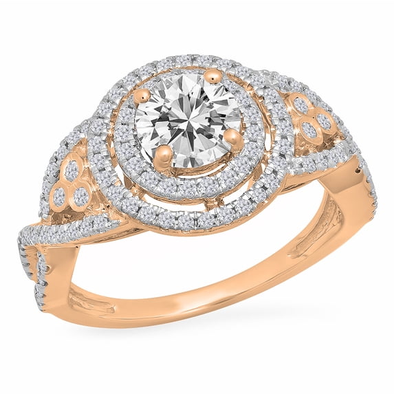 1.30 Carat (ctw) 14K Rose Gold Round Cut Moissanite & White Diamond Ladies Swirl Bridal Halo Engagement Ring