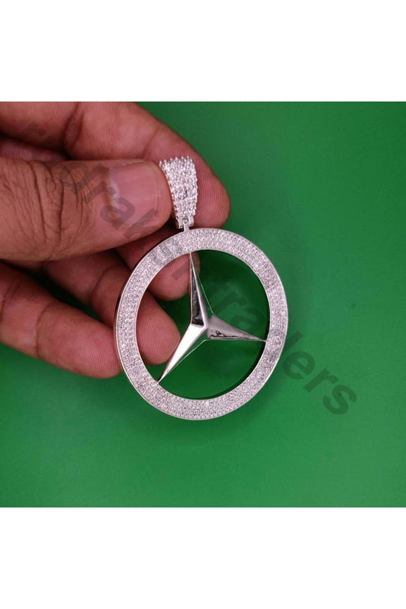 1.30 Ctw Round Cut D/FL Real Moissanite 14K White Gold Plated Mercedes Pendant 2.5"