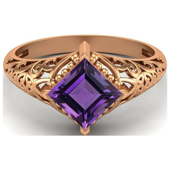 1.30 Ctw Square Amethyst Filigree 925 Sterling Silver Rose Vermeil Solitaire Mother's Day Gift Ring