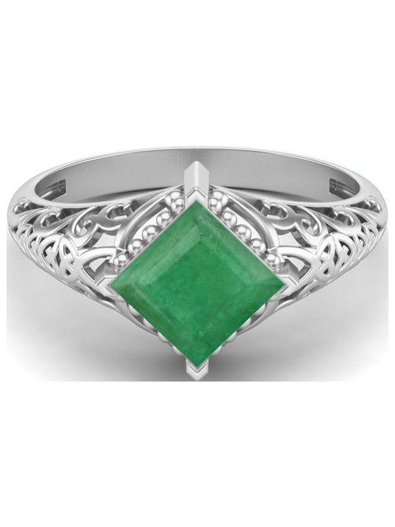 1.30 Ctw Square Emerald Filigree 925 Sterling Silver Solitaire Valentines Day Gifts Ring