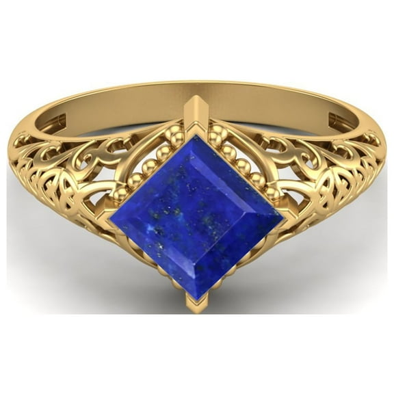 1.30 Ctw Square Lapis Filigree 925 Sterling Silver Gold Vermeil Solitaire Valentines Day Gifts Ring