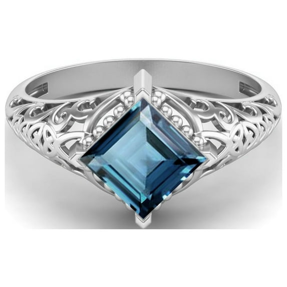 1.30 Ctw Square London Blue Topaz Filigree 925 Sterling Silver Solitaire Mother's Day Gift Ring