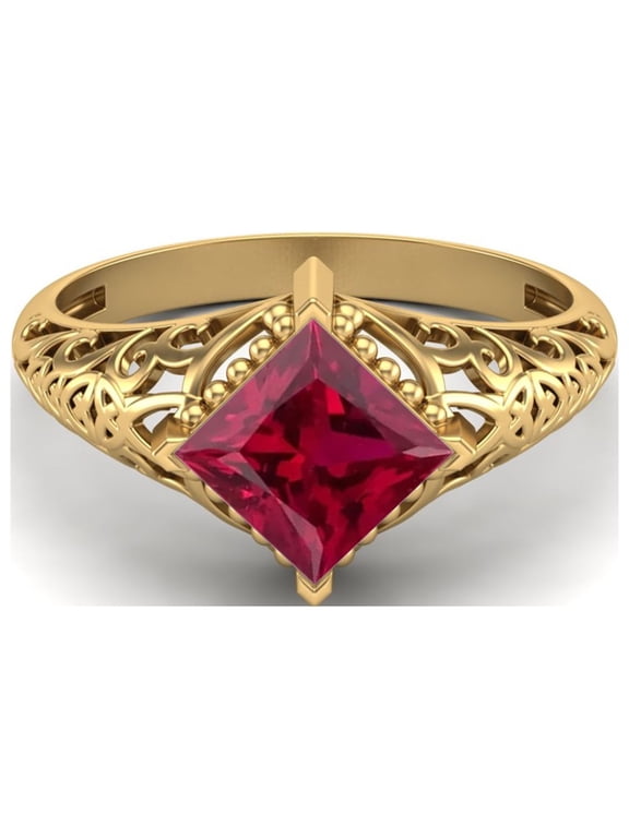 1.30 Ctw Square Ruby Synthetic Filigree 925 Sterling Silver Gold Vermeil Solitaire Valentines Day Gifts Ring