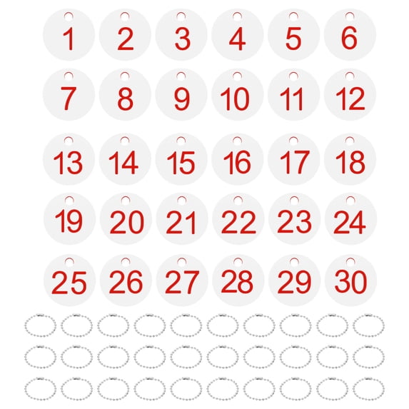 1-30 Number Tags, 30Pcs Round ID Number Key Tags Plastic Numbered Keychain with Key Rings for Luggage Lockers Organizer Field Sales Hangers Clothes Labels, Red-White