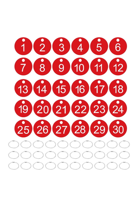 1-30 Number Tags, 30Pcs Round ID Number Key Tags Plastic Numbered Keychain with Key Rings for Luggage Lockers Organizer Field Sales Hangers Clothes Labels, White-Red