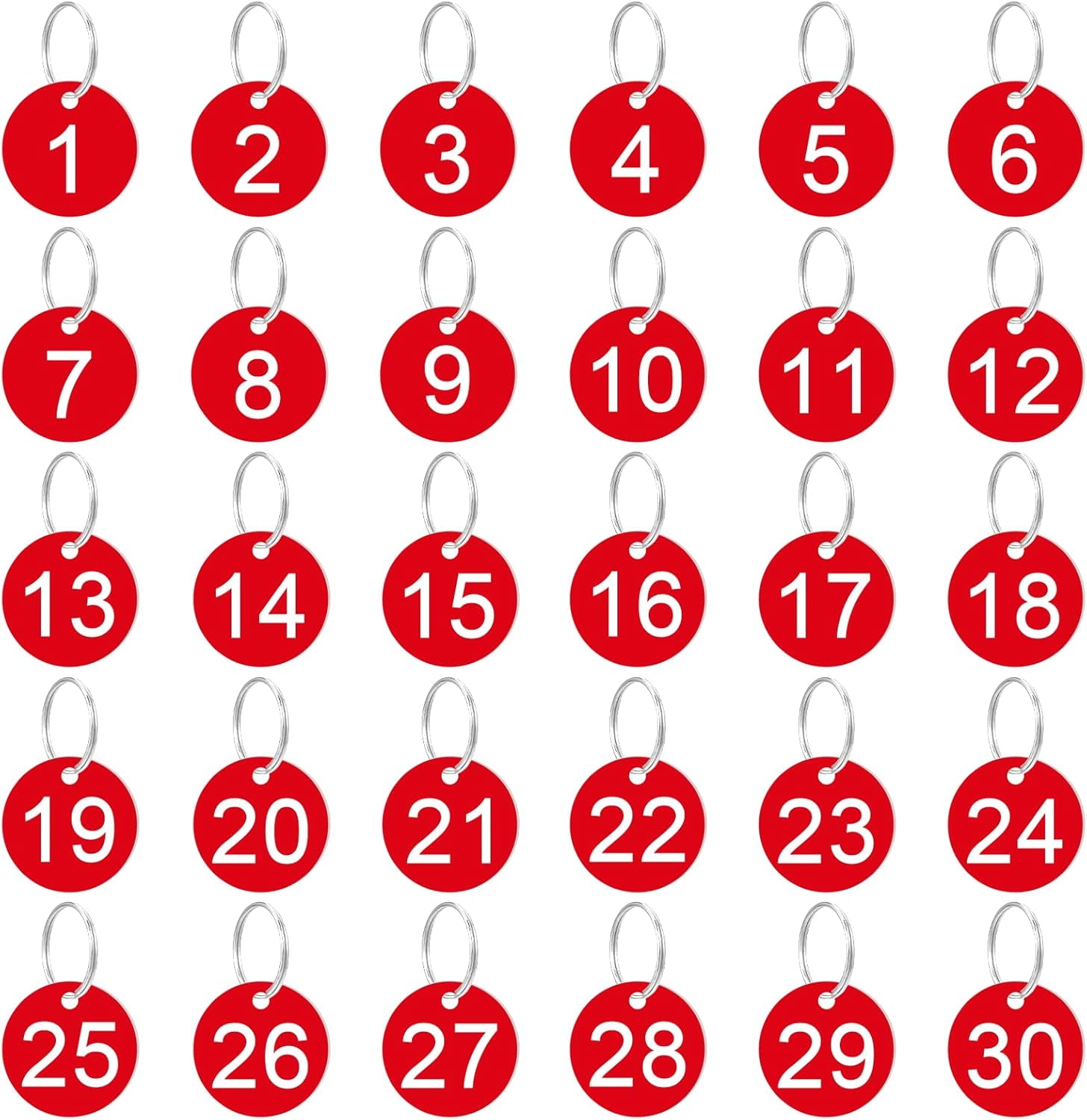 1-30 Plastic Number Tags, 30 Pcs Red Round Number Tags with Metal Rings 35mm Numbered Keychains Item Identifiers for Home Office and Garage Dormitory Keys House Lockers (Red)