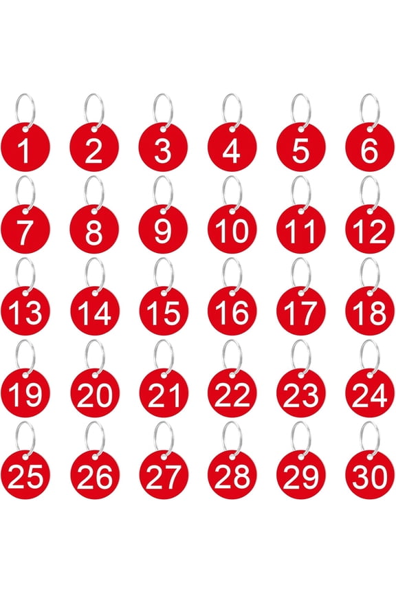 1-30 Plastic Number Tags, 30 Pcs Red Round Number Tags with Metal Rings 35mm Numbered Keychains Item Identifiers for Home Office and Garage Dormitory Keys House Lockers (Red)