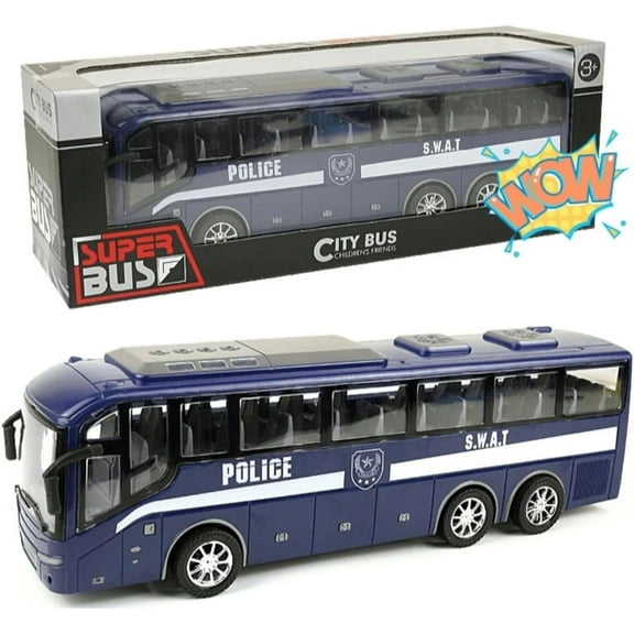 1:30 Scale Police Car Bus Toy - Large 12.5 Inch Go Inertia Bus Cars Model, ABS Diecast Plastic Kids Toys Car with Realistic Design for Boys Girls, Birthday Party Gift for Toddlers (Blue)