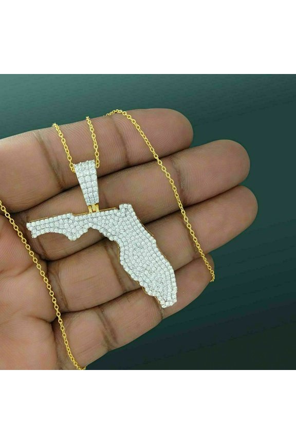 1.30 ct Round Cut Diamond Men's Florida Map Chain Pendant 14k Yellow Gold Finish