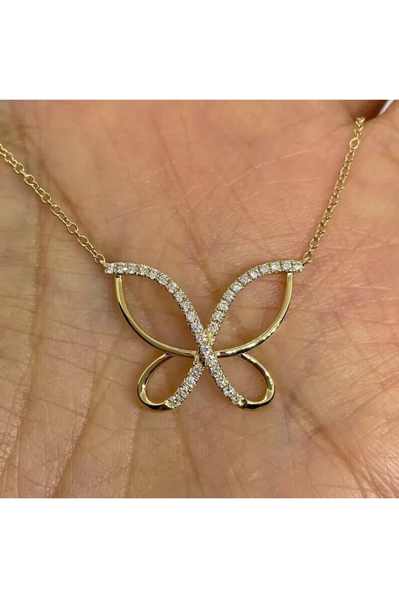 1.30Ct Round Cut Lab Created Diamond Butterfly Pendant - 14K Yellow Gold Plated