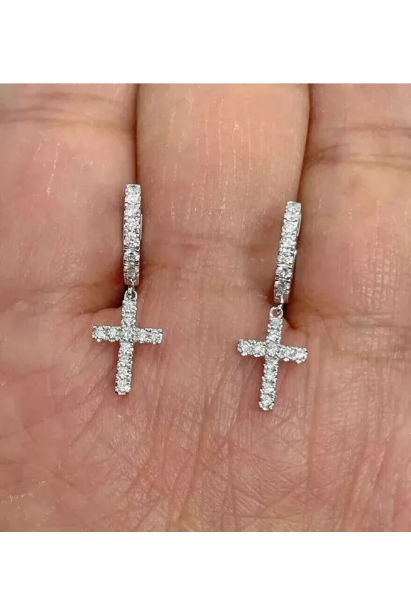 1.30Ct Round Cut Lab Created Diamond Women & Men Drop Dangle Cross Earrings 14k White Gold Plated