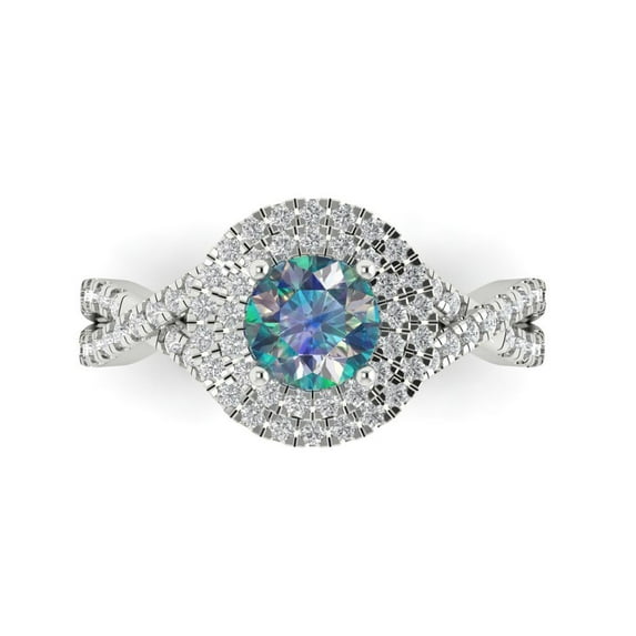 1.3125 ctw with Simulated Diamond Halo Accents Anniversary Ring for Women | Round Cut Blue Moissanite | Hyperallergenic Solid 14K White Gold