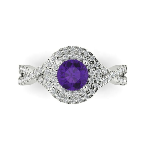 1.3125 ct Round Cut Natural Amethyst Halo Engagement Ring for Women in 14K White Gold