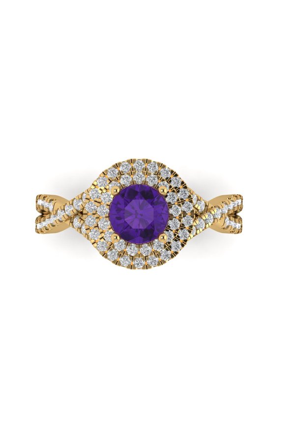 1.3125 ct Round Cut Natural Amethyst with Simulated Diamond Halo Accents 14K Yellow Gold Womens Engagement Ring