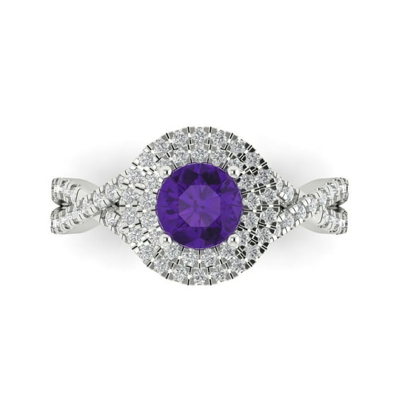 1.3125 ct Round Cut Natural Amethyst with Simulated Diamond Halo Accents 18K White Gold Womens Engagement Ring