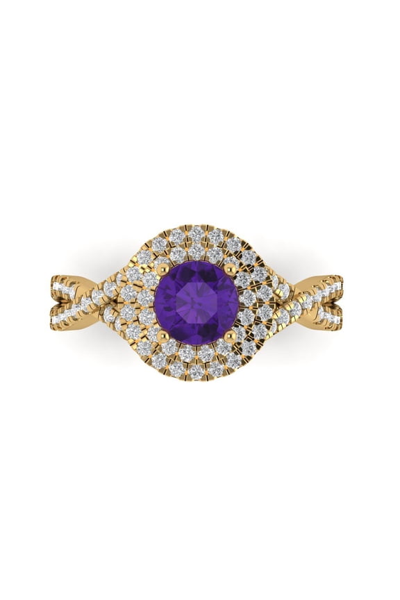 1.3125 ct Round Cut Natural Amethyst with Simulated Diamond Halo Accents 18K Yellow Gold Womens Engagement Ring