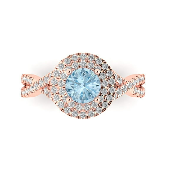 Clara Pucci 14K Rose Gold Solid Gold Aquamarine Solitaire with Accents Anniversary Ring for Women - 1.3125 cttw Round Cut