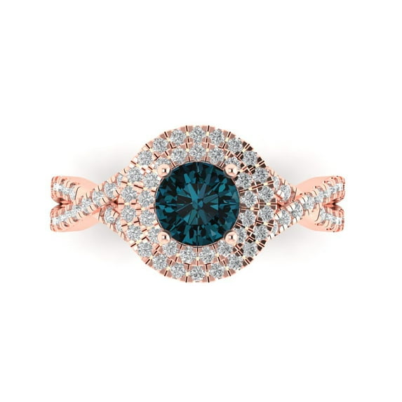 1.3125 ct Round Cut Natural London Blue Topaz Solitaire with Simulated Diamond Accents 18K Rose Gold Womens Engagement Ring