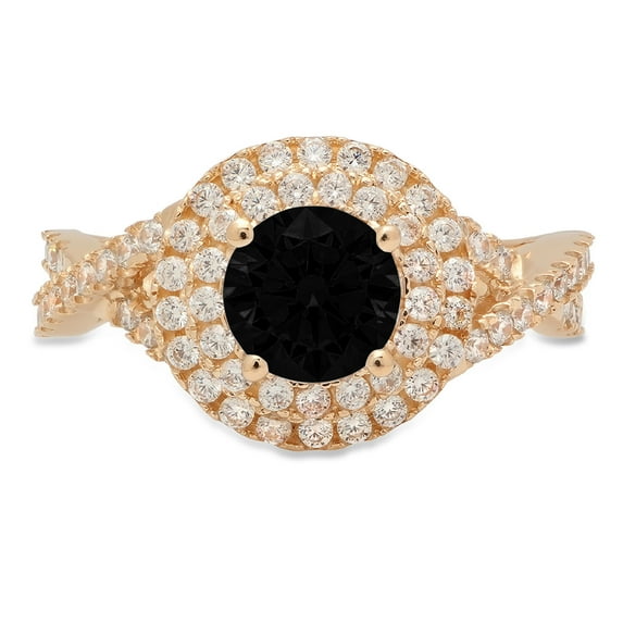 1.3125 ct Round Cut Natural Onyx with Simulated Diamond Halo Accents 18K Yellow Gold Womens Engagement Ring