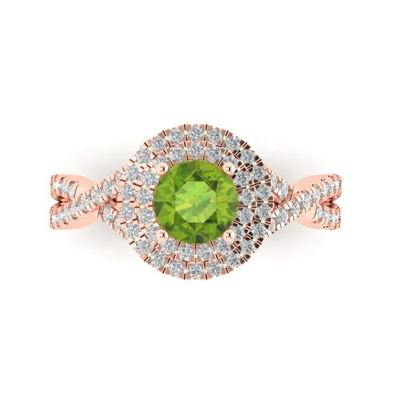 1.3125 ct Round Cut Natural Peridot Solitaire with Simulated Diamond Accents 18K Rose Gold Womens Engagement Ring