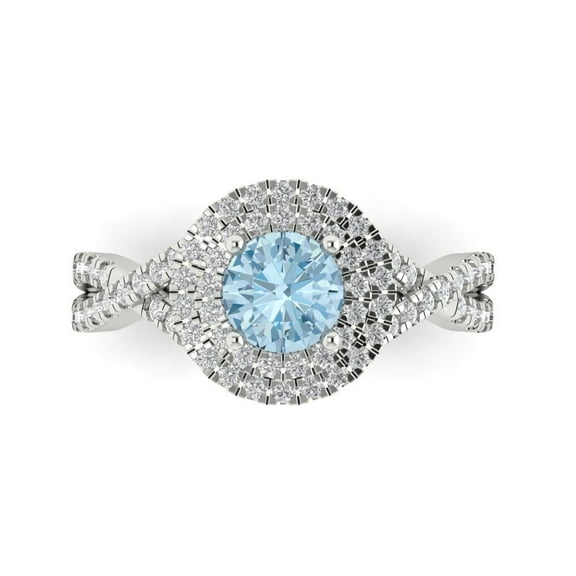 1.3125 ct Round Cut Natural Swiss Blue Topaz with Simulated Diamond Halo Accents 14K White Gold Womens Engagement Ring