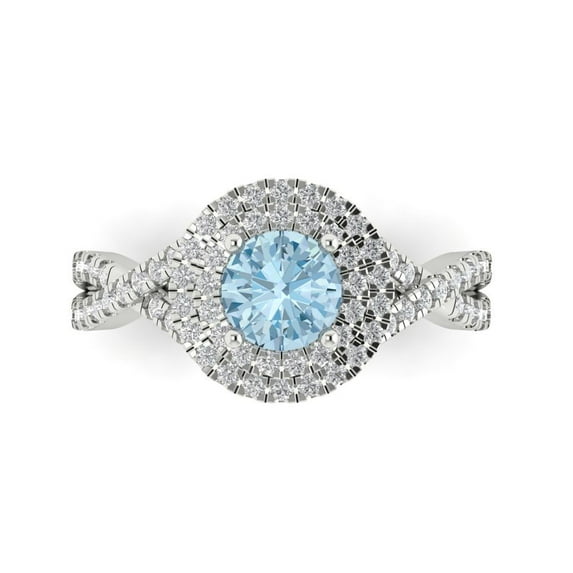 1.3125 ct Round Cut Natural Swiss Blue Topaz with Simulated Diamond Halo Accents 14K White Gold Womens Engagement Ring