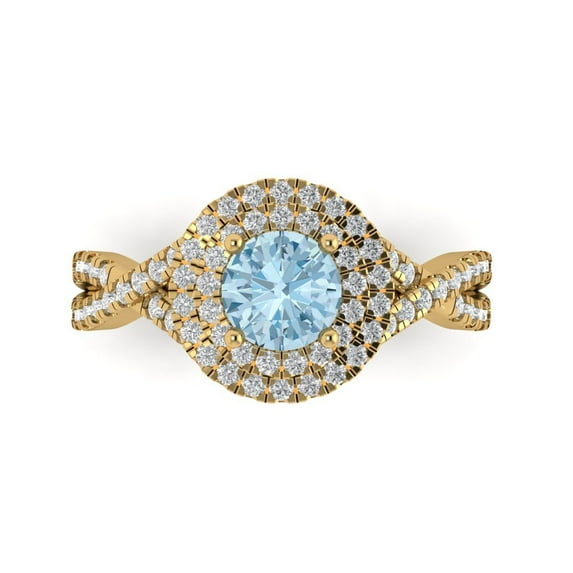1.3125 ct Round Cut Natural Swiss Blue Topaz with Simulated Diamond Halo Accents 18K Yellow Gold Womens Engagement Ring