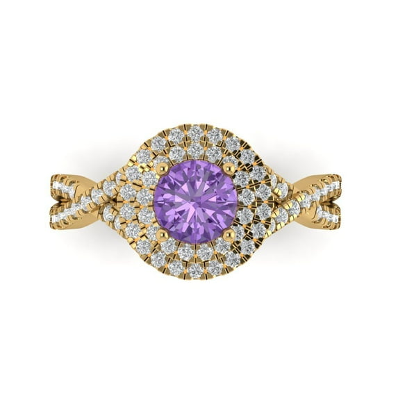 1.3125 ct Round Cut Simulated Alexandrite Halo Engagement Ring for Women in 14K Yellow Gold